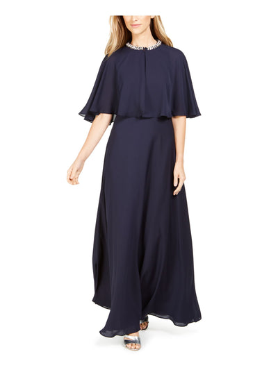 CALVIN KLEIN Womens Navy Sleeveless Jewel Neck Full-Length Evening Fit + Flare Dress 4