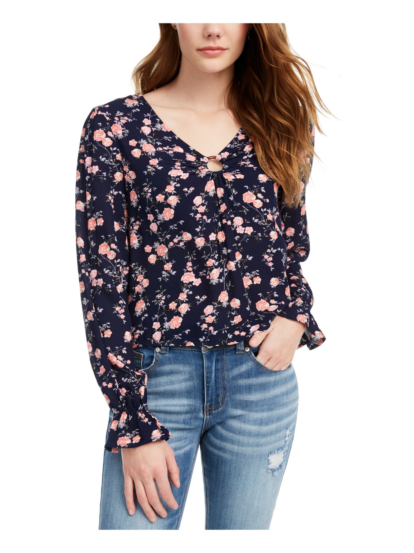 FRESHMAN FOREVER Womens Navy Stretch Short Length Pleated Floral Long Sleeve V Neck Top Juniors XS