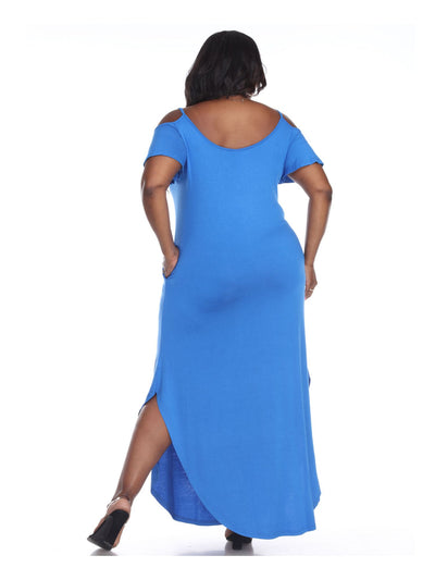 WHITE MARK Womens Blue Cold Shoulder Pocketed Ruffled Split Sides Short Sleeve Scoop Neck Maxi Shift Dress Plus 1XL