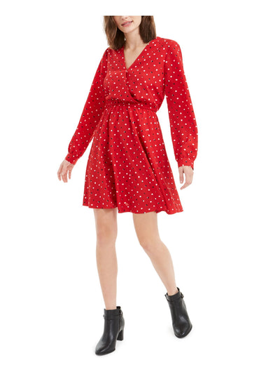 MAISON JULES Womens Red Polka Dot Long Sleeve V Neck Mini Fit + Flare Dress S