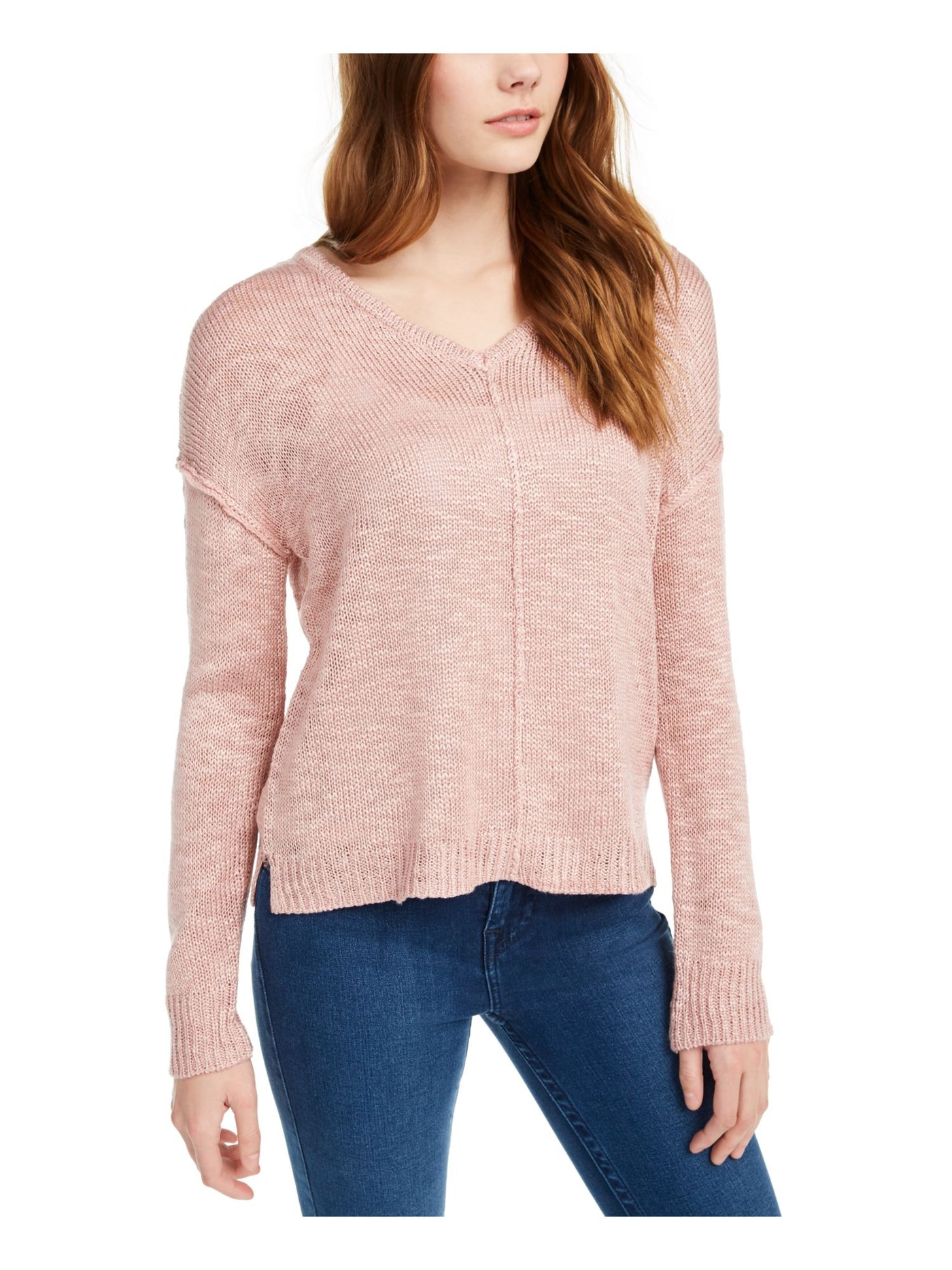 PINK ROSE Womens Pink Heather Long Sleeve Scoop Neck Button Up Sweater Juniors S
