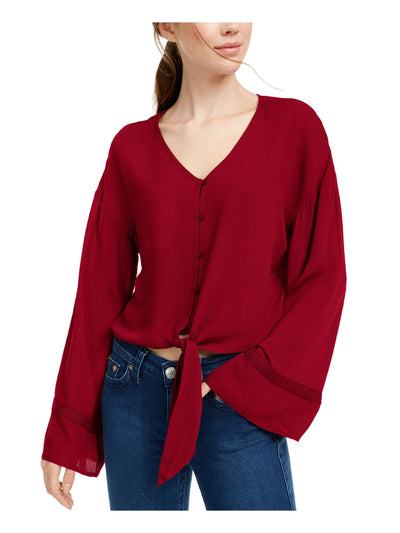 FRESHMAN FOREVER Womens Burgundy Twist Waist Bell Sleeve V Neck Blouse M