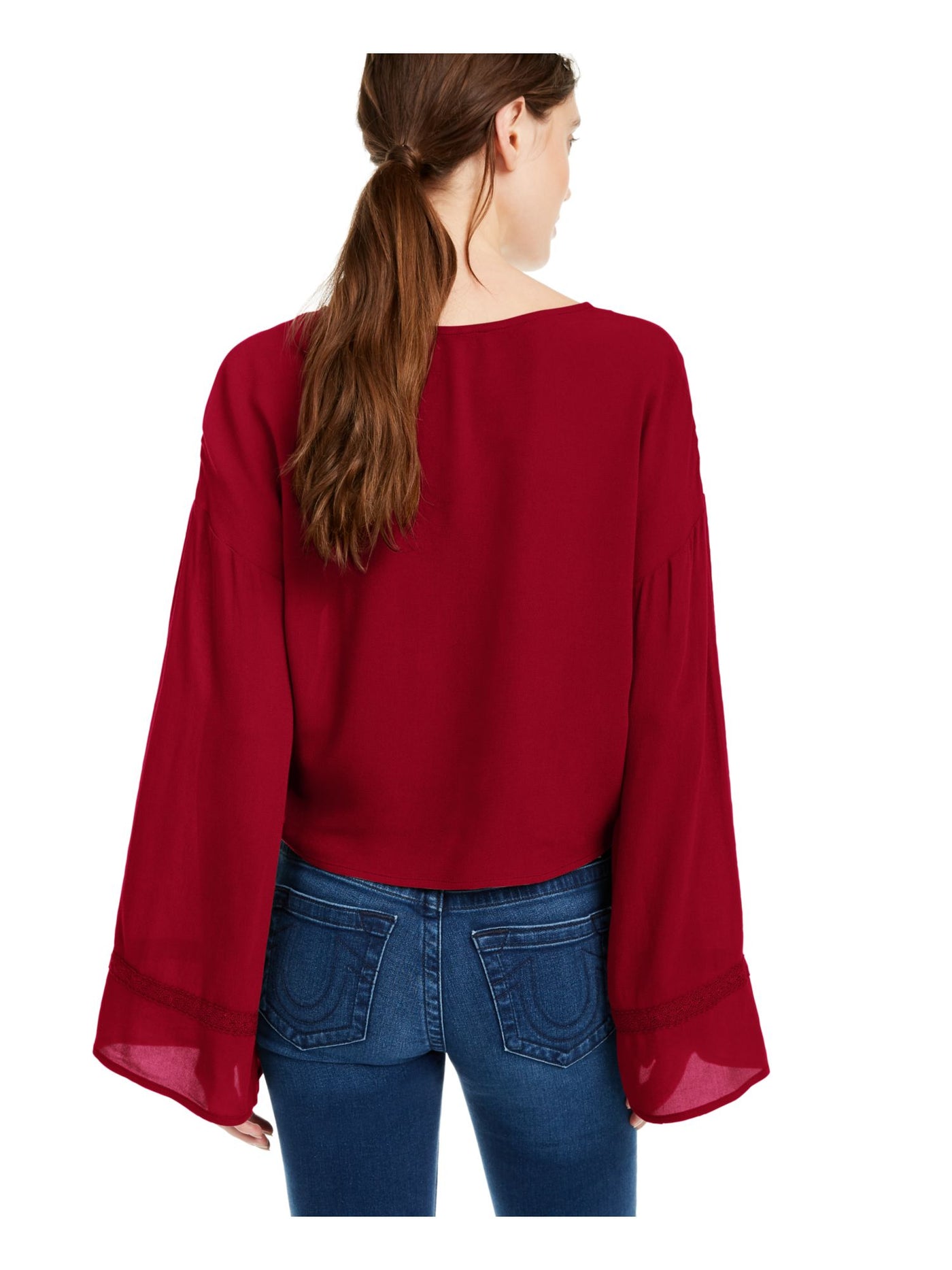 FRESHMAN FOREVER Womens Burgundy Twist Waist Bell Sleeve V Neck Blouse M