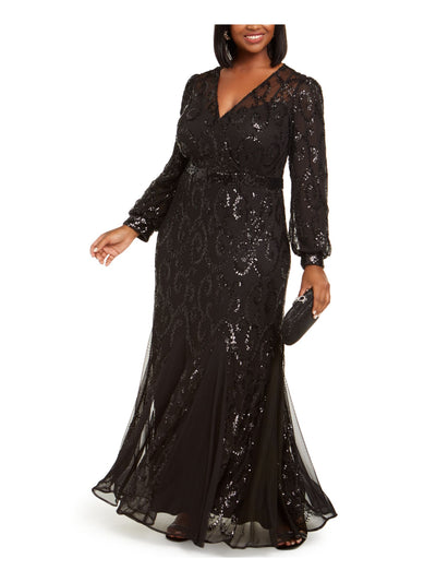 R&M RICHARDS WOMAN Womens Black Sequined Zippered Molded Cups Godet Inset Hem Cuffed Sleeve Surplice Neckline Full-Length Formal Gown Dress Plus 22W