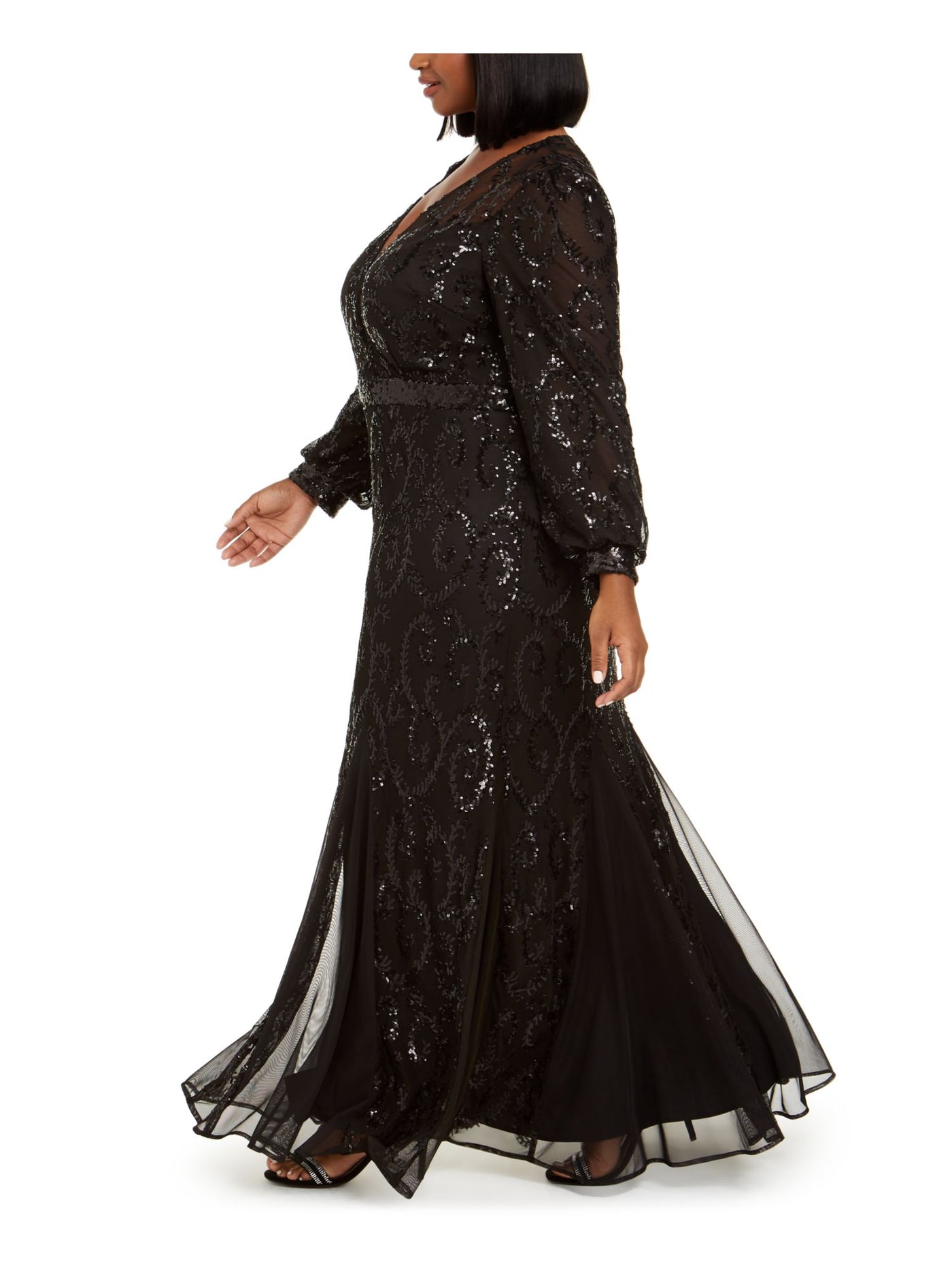 R&M RICHARDS WOMAN Womens Black Sequined Zippered Molded Cups Godet Inset Hem Cuffed Sleeve Surplice Neckline Full-Length Formal Gown Dress Plus 22W