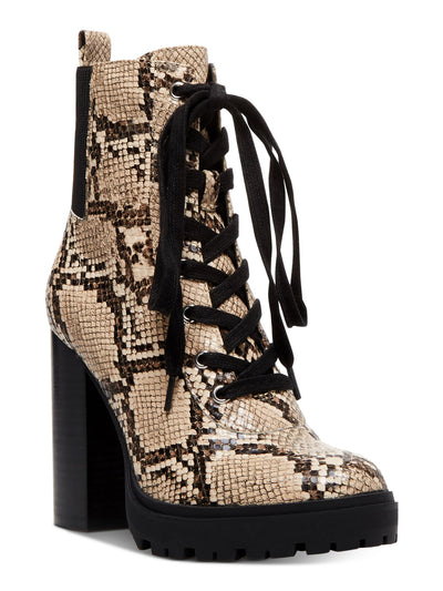 STEVE MADDEN Womens Beige Croc Embossed Side Zipper Elastic Gores 1/2" Platform Cushioned Latch Round Toe Block Heel Lace-Up Hiking Boots 6 M