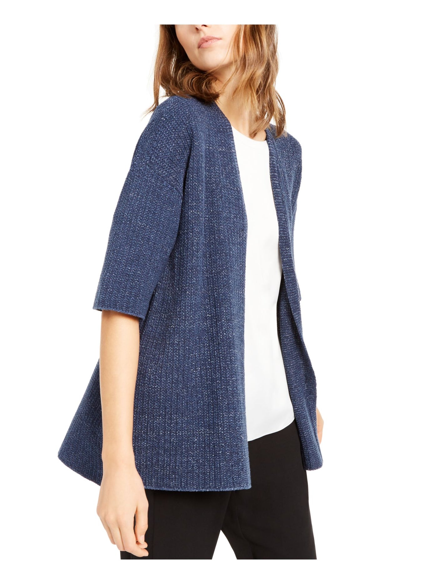 EILEEN FISHER Womens Blue Elbow Sleeve Open Front Sweater XS