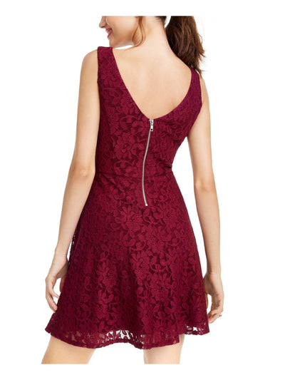 SPEECHLESS Womens Burgundy Lace Floral Sleeveless Scoop Neck Mini Fit + Flare Dress Juniors XXS