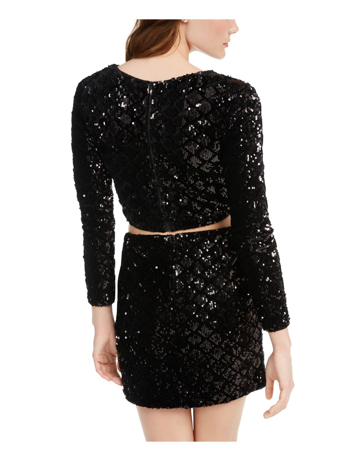 CRYSTAL DOLLS Womens Sequined With Pencil Skirt 3/4 Sleeve Jewel Neck Cocktail Crop Top