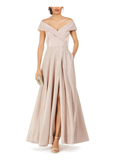 XSCAPE Womens Beige Glitter Zippered Molded Cups Pocketed Tulip Skirt Short Sleeve Off Shoulder Full-Length Formal Gown Dress Petites 10P