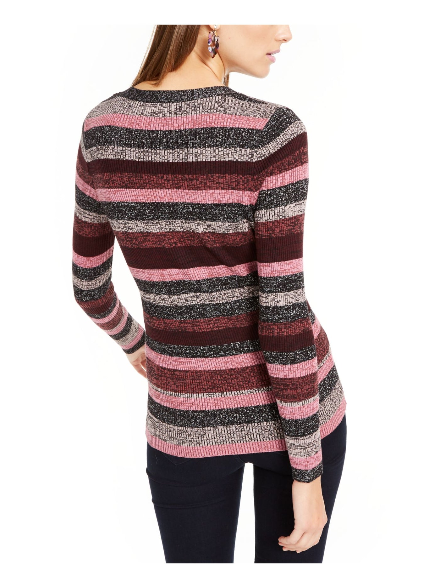 INC Womens Pink Color Block Long Sleeve V Neck Sweater Petites PP