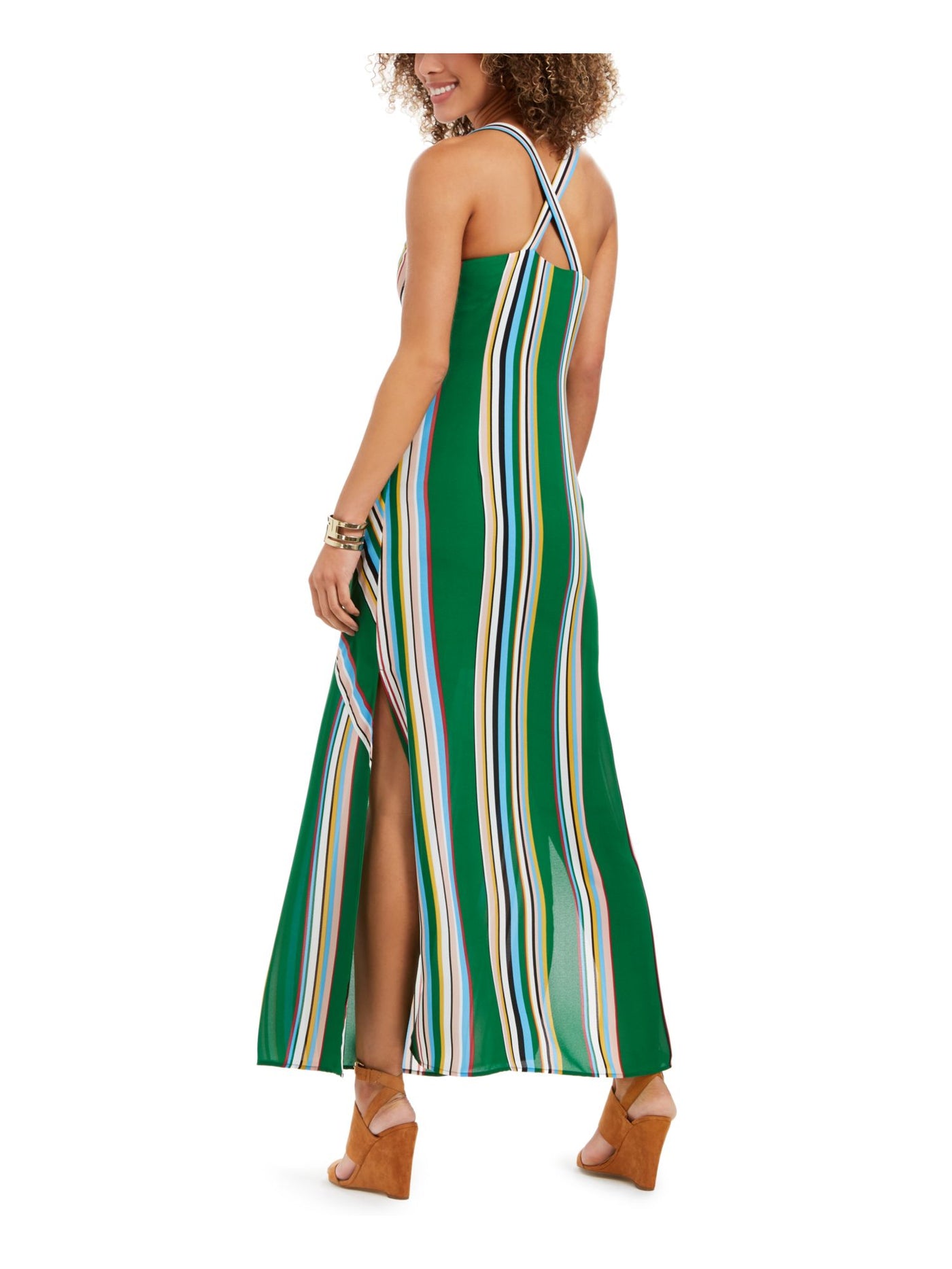 ADRIANNA PAPELL Womens Green Color Block Spaghetti Strap V Neck Full-Length Formal A-Line Dress 0