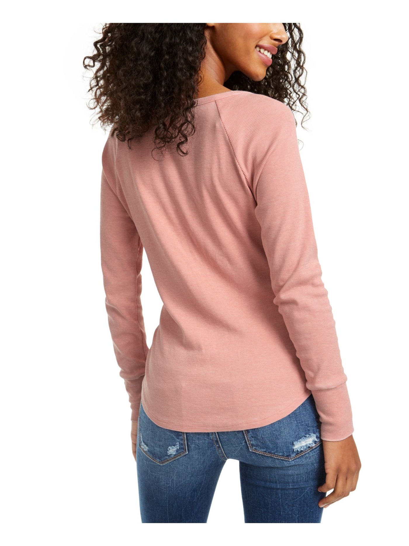 ULTRA FLIRT Womens Fitted Textured Ribbed Burnout Henley Long Sleeve Scoop Neck Top