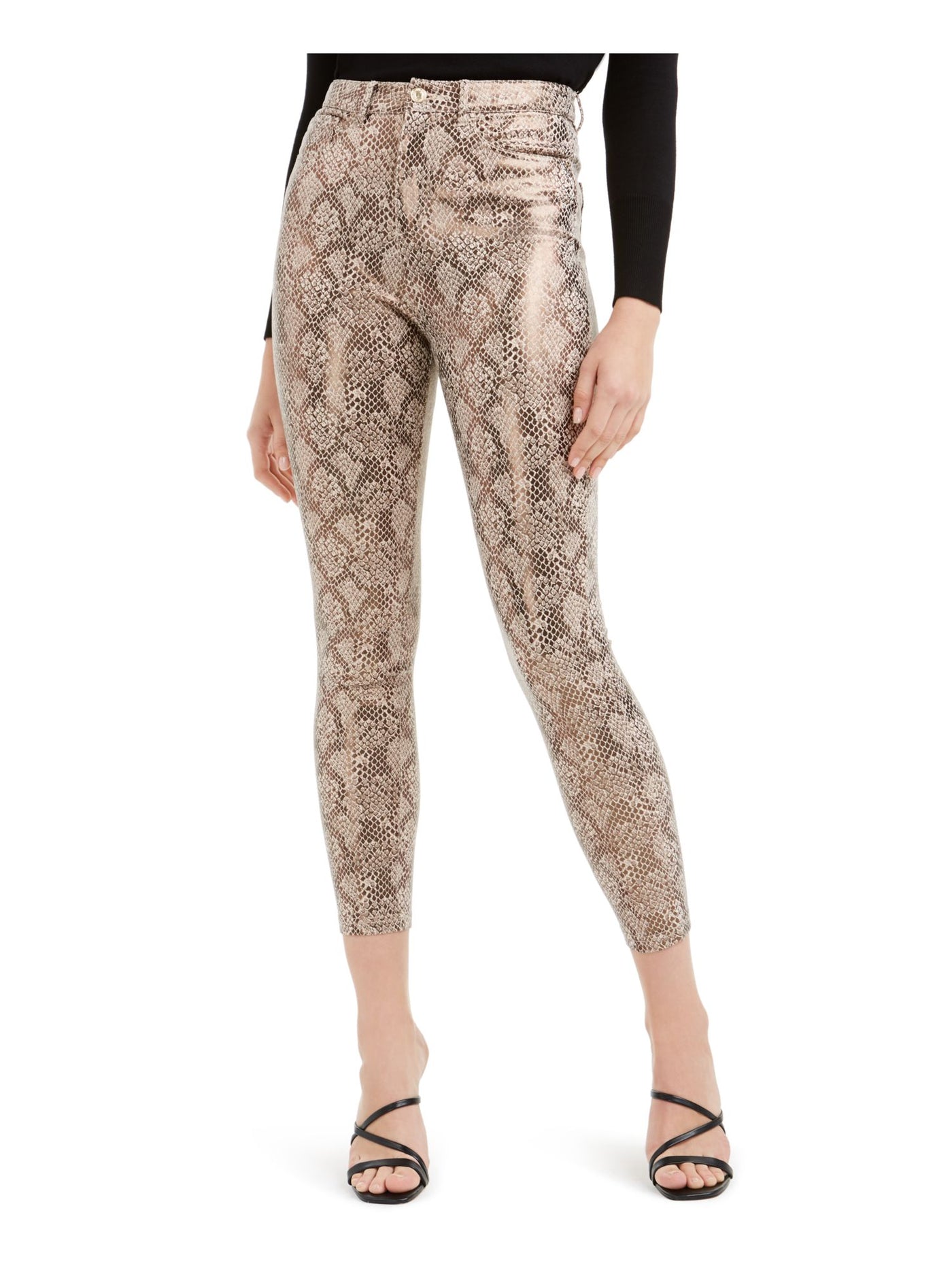 GUESS Womens Beige Zippered Pocketed Snake Print Skinny Pants 0