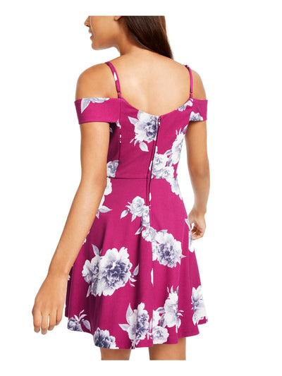 CITY STUDIO Womens Purple Cold Shoulder Floral Spaghetti Strap V Neck Short Fit + Flare Dress 1