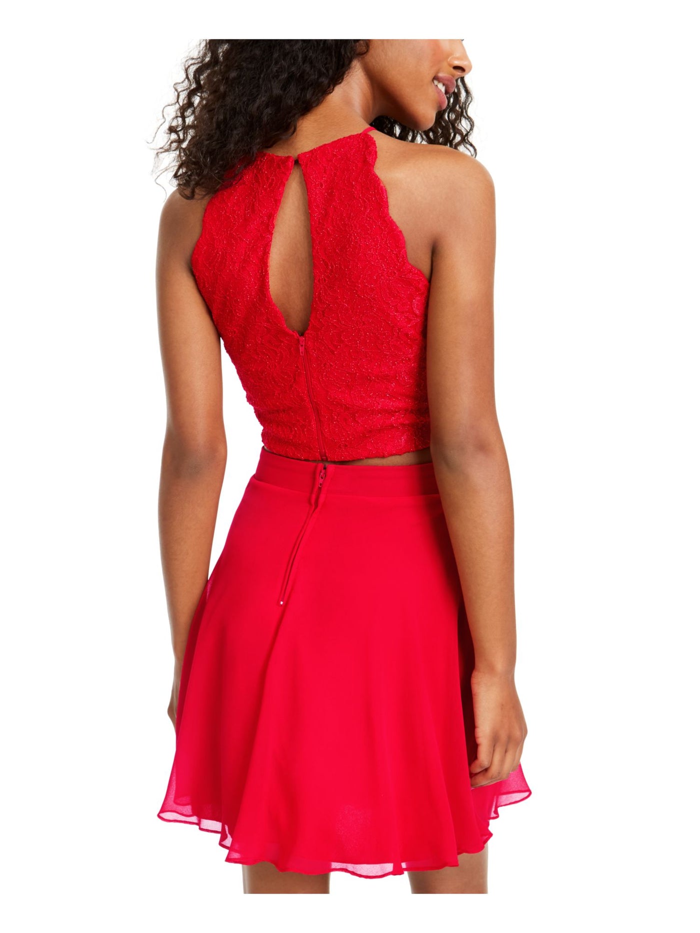 CITY STUDIO Womens Red Embroidered Lace Floral Sleeveless Keyhole Short Cocktail Fit + Flare Dress Juniors 7