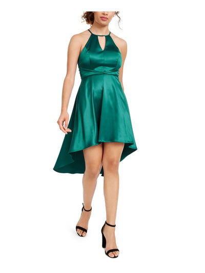 CRYSTAL DOLLS Womens Green Sleeveless Halter Tea-Length Cocktail Hi-Lo Dress 0