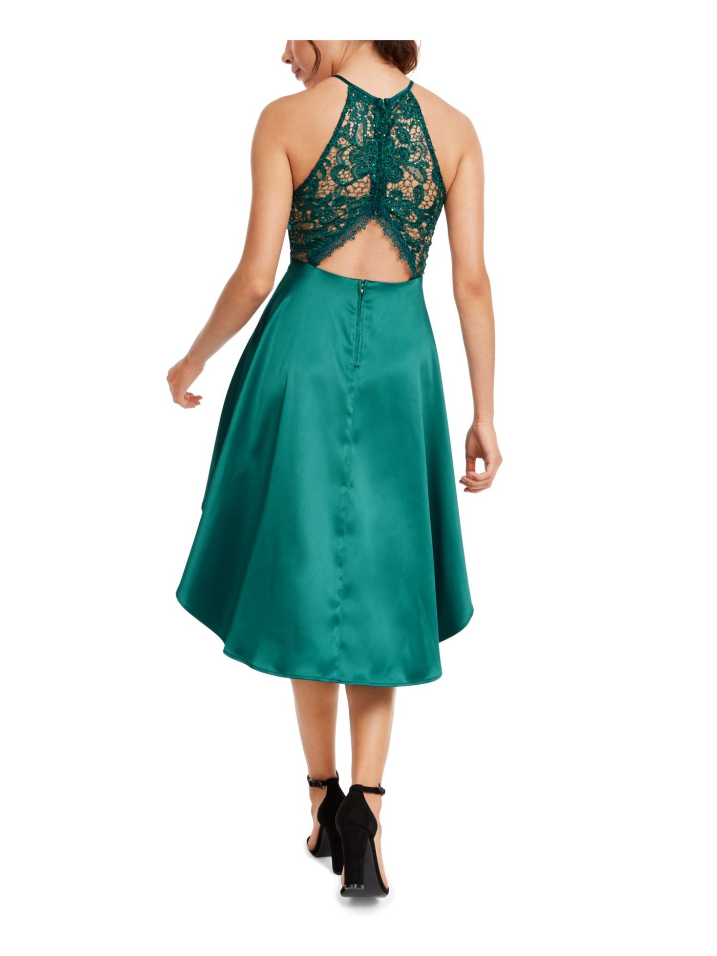 CRYSTAL DOLLS Womens Green Sleeveless Halter Tea-Length Cocktail Hi-Lo Dress 3