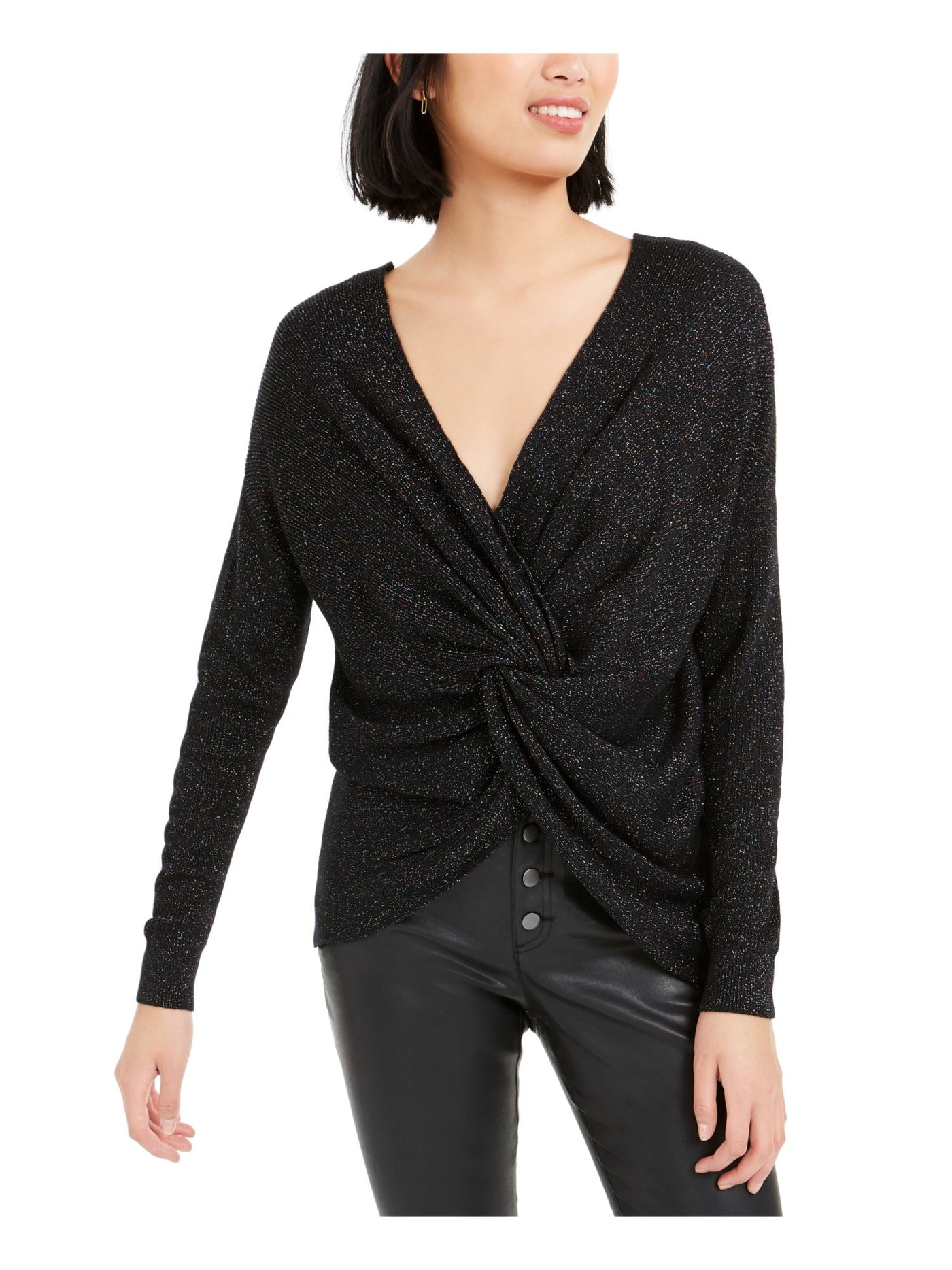 BAR III Womens Black Gathered Glitter Long Sleeve V Neck Top M