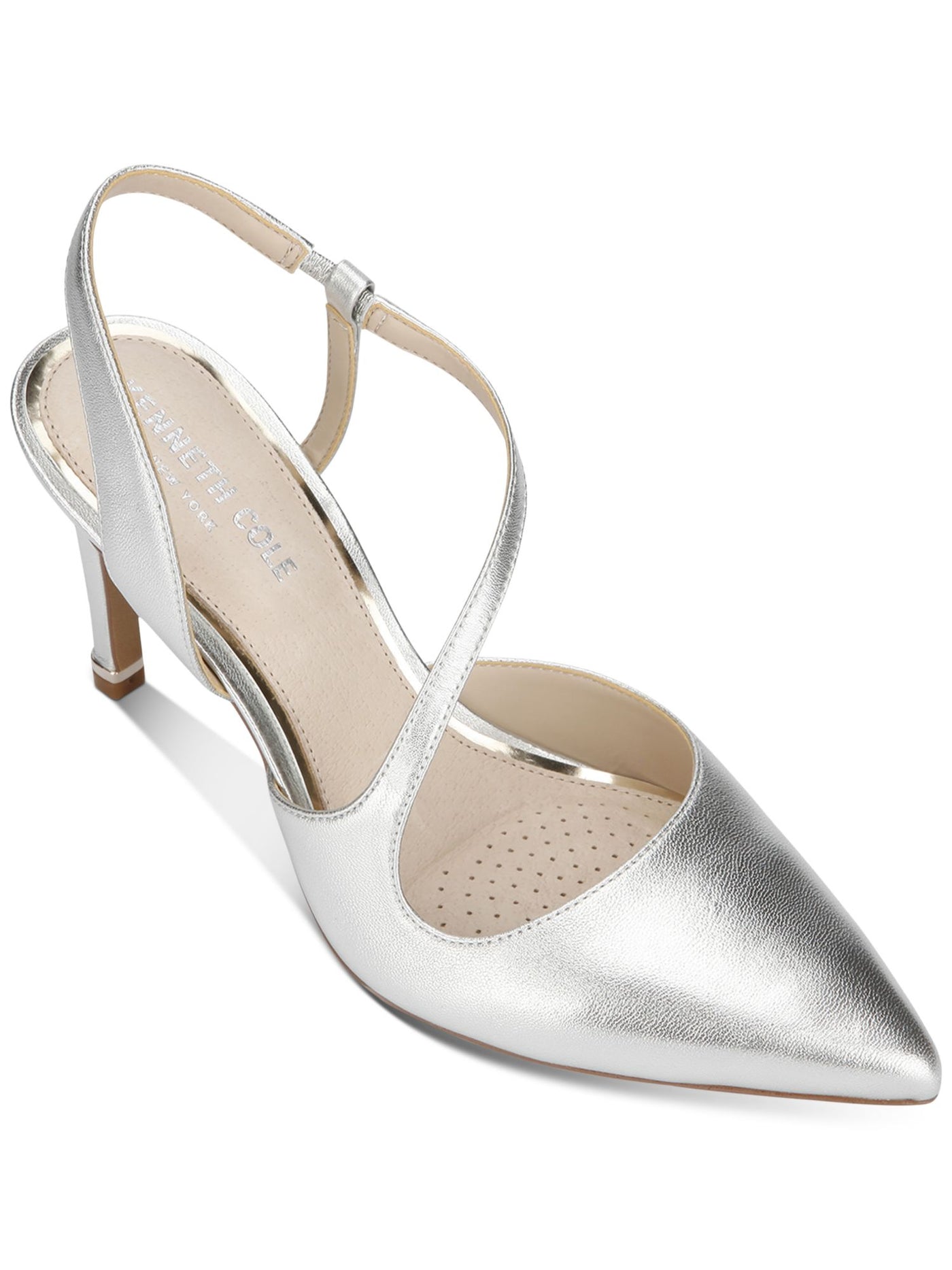 KENNETH COLE NEW YORK Womens Silver Padded Comfort Riley 85 Pointed Toe Stiletto Slip On Leather Slingback 9 M