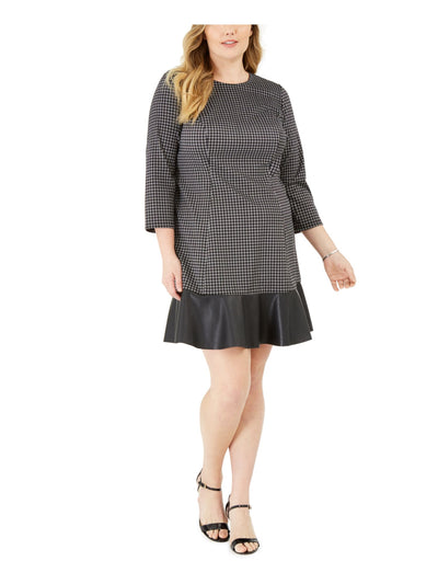 MICHAEL KORS Womens Black Zippered Faux Leather Unlined Plaid 3/4 Sleeve Crew Neck Above The Knee Shift Dress Plus 2X