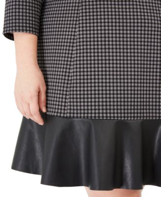 MICHAEL KORS Womens Black Zippered Faux Leather Unlined Plaid 3/4 Sleeve Crew Neck Above The Knee Shift Dress