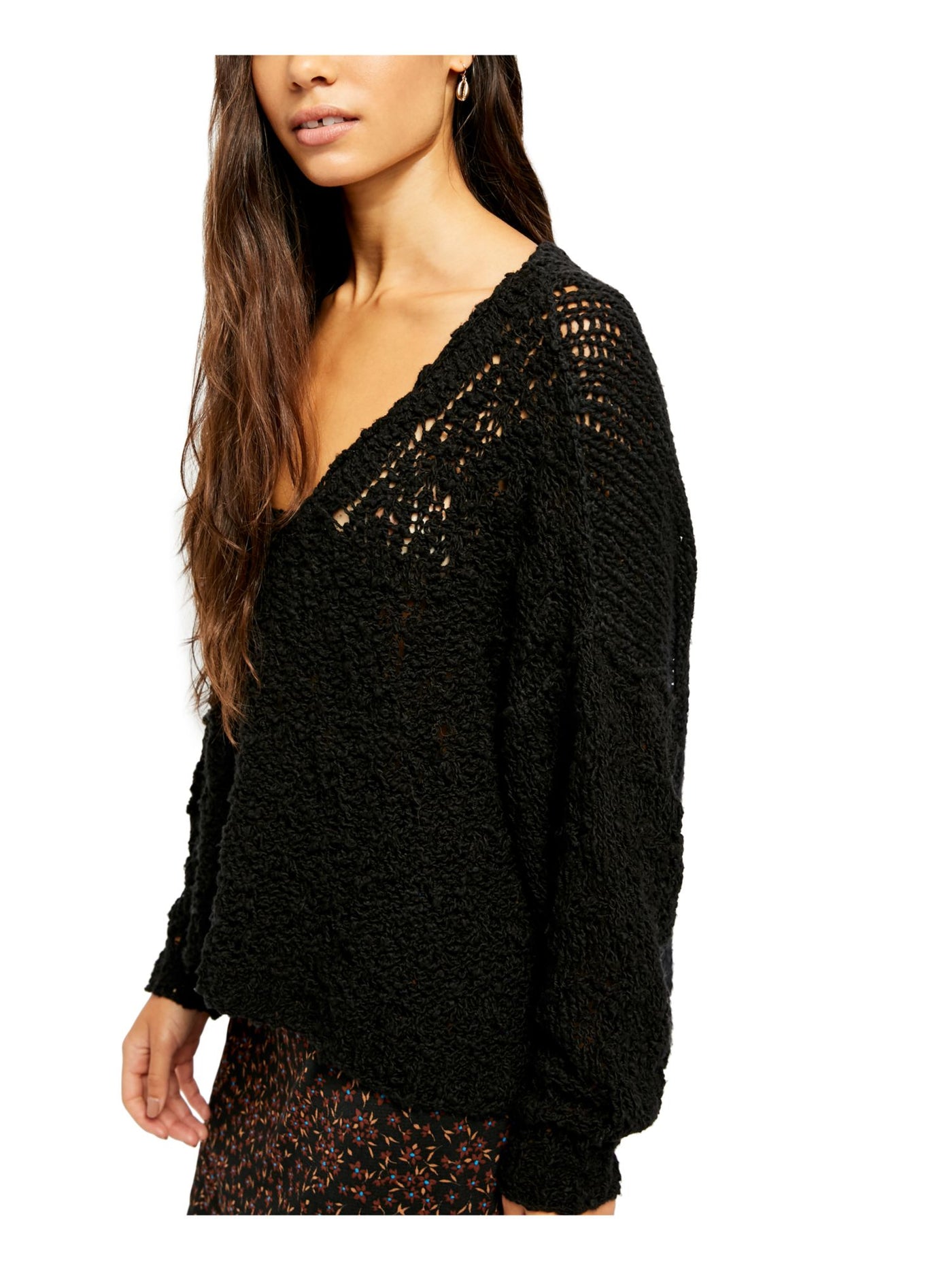 FREE PEOPLE Womens Black Textured Long Sleeve V Neck Sweater M