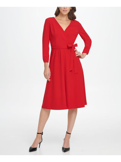 DKNY Womens Red Belted Cuffed V Neck Below The Knee Fit + Flare Dress 4