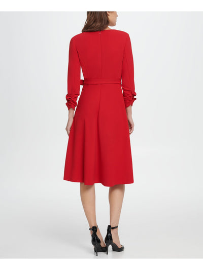 DKNY Womens Red Belted Cuffed V Neck Below The Knee Fit + Flare Dress 4