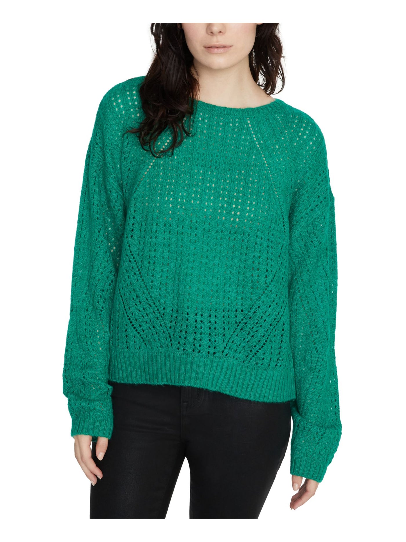 SANCTUARY Womens Green Open Knit Long Sleeve Crew Neck Sweater XS