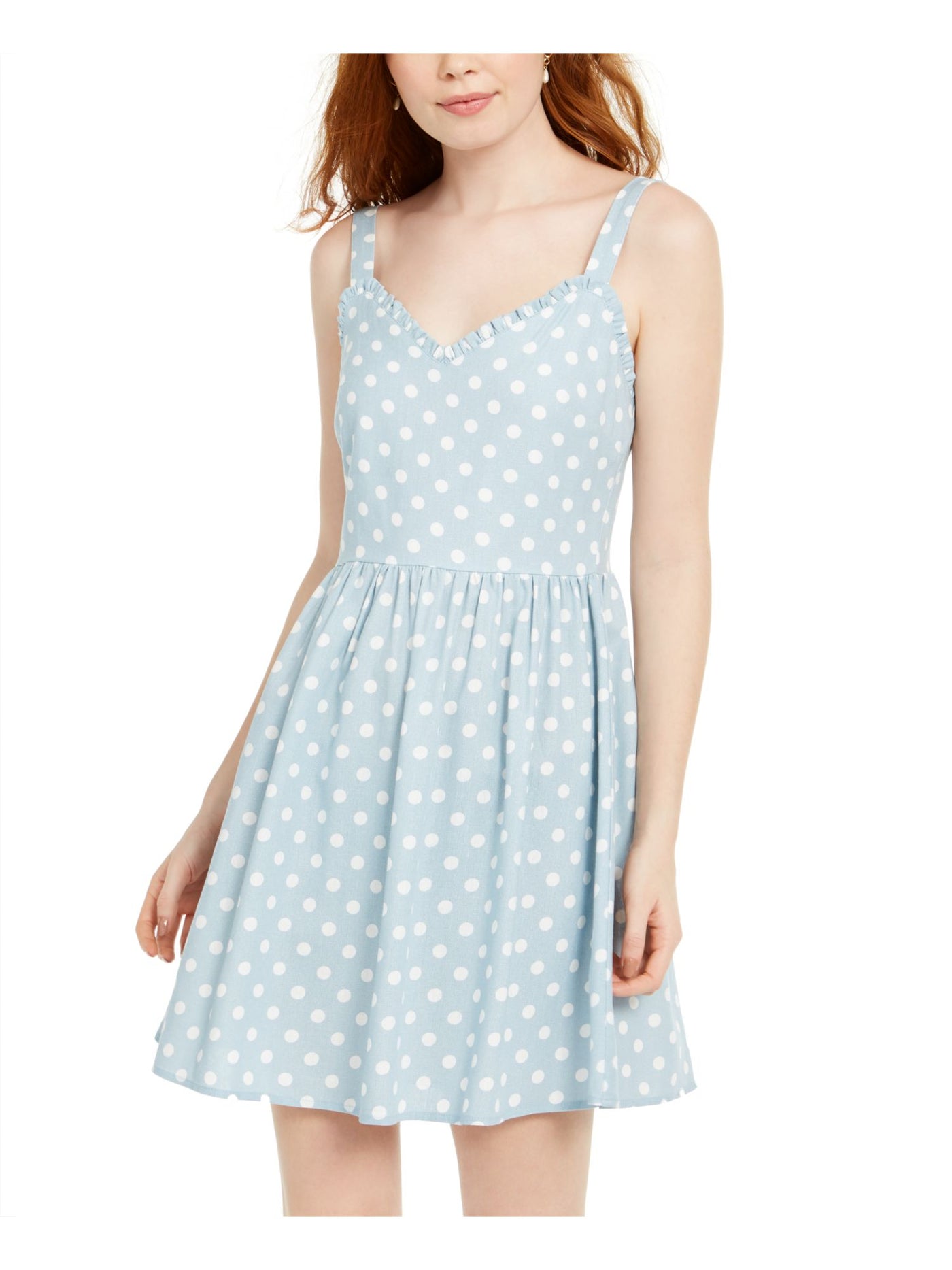 Rosie Harlow Womens Light Blue Polka Dot Sleeveless V Neck Mini Fit + Flare Dress Juniors M