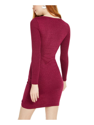 CRAVE FAME Womens Pink Ruched Glitter Long Sleeve V Neck Short Party Body Con Dress M