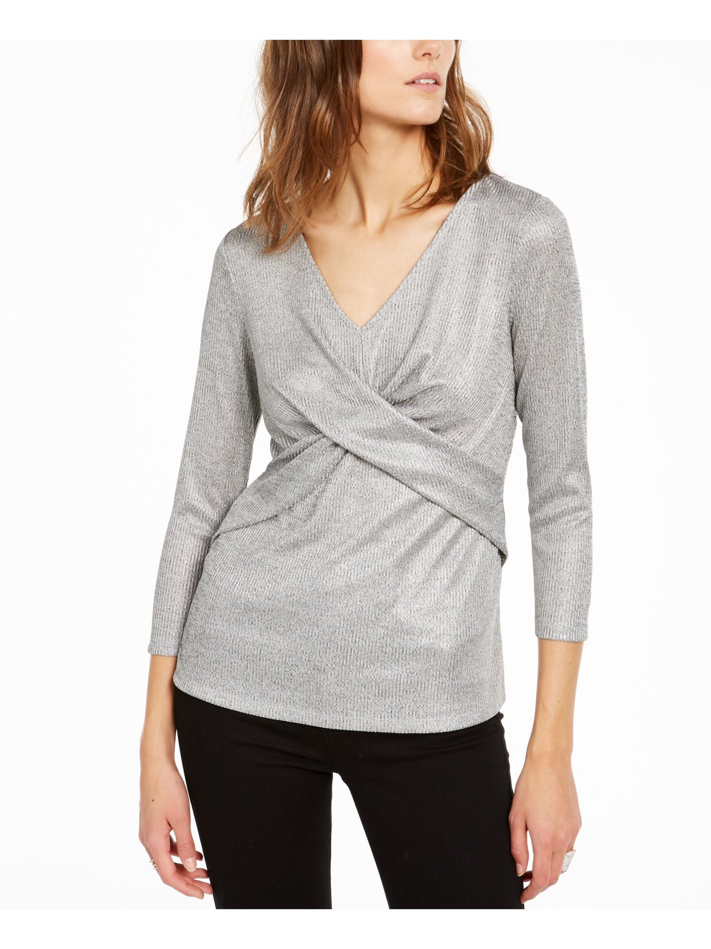 INC Womens Silver 3/4 Sleeve V Neck Top S