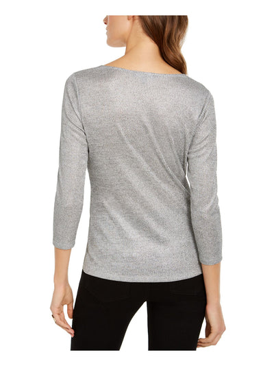 INC Womens Silver 3/4 Sleeve V Neck Top S