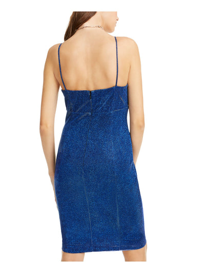 JUMP Womens Blue Glitter Spaghetti Strap Square Neck Above The Knee Party Sheath Dress 1\2