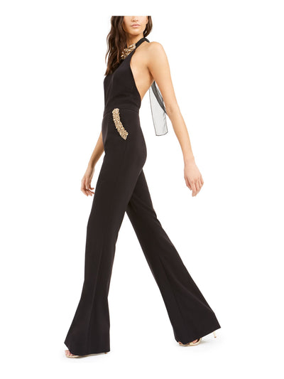 RACHEL ZOE Womens Black Embellished Sleeveless Halter Evening Jumpsuit 2