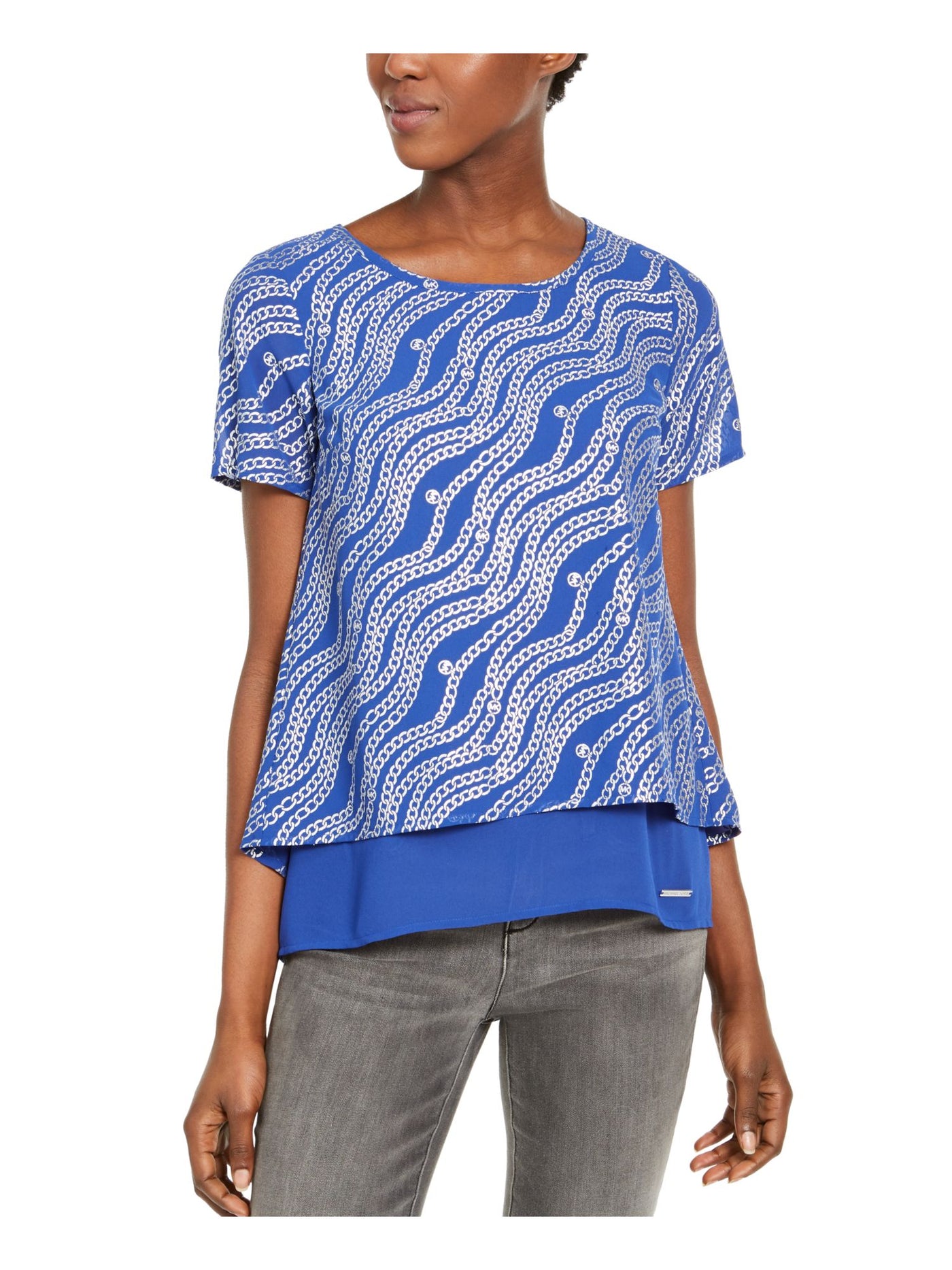 MICHAEL KORS Womens Blue Graphic Short Sleeve Jewel Neck Top XS