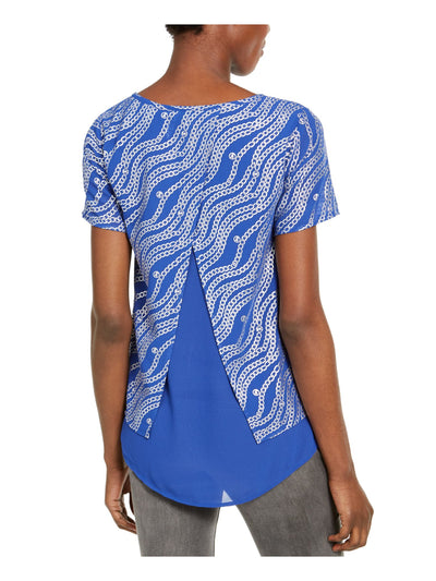 MICHAEL KORS Womens Blue Graphic Short Sleeve Jewel Neck Top XS