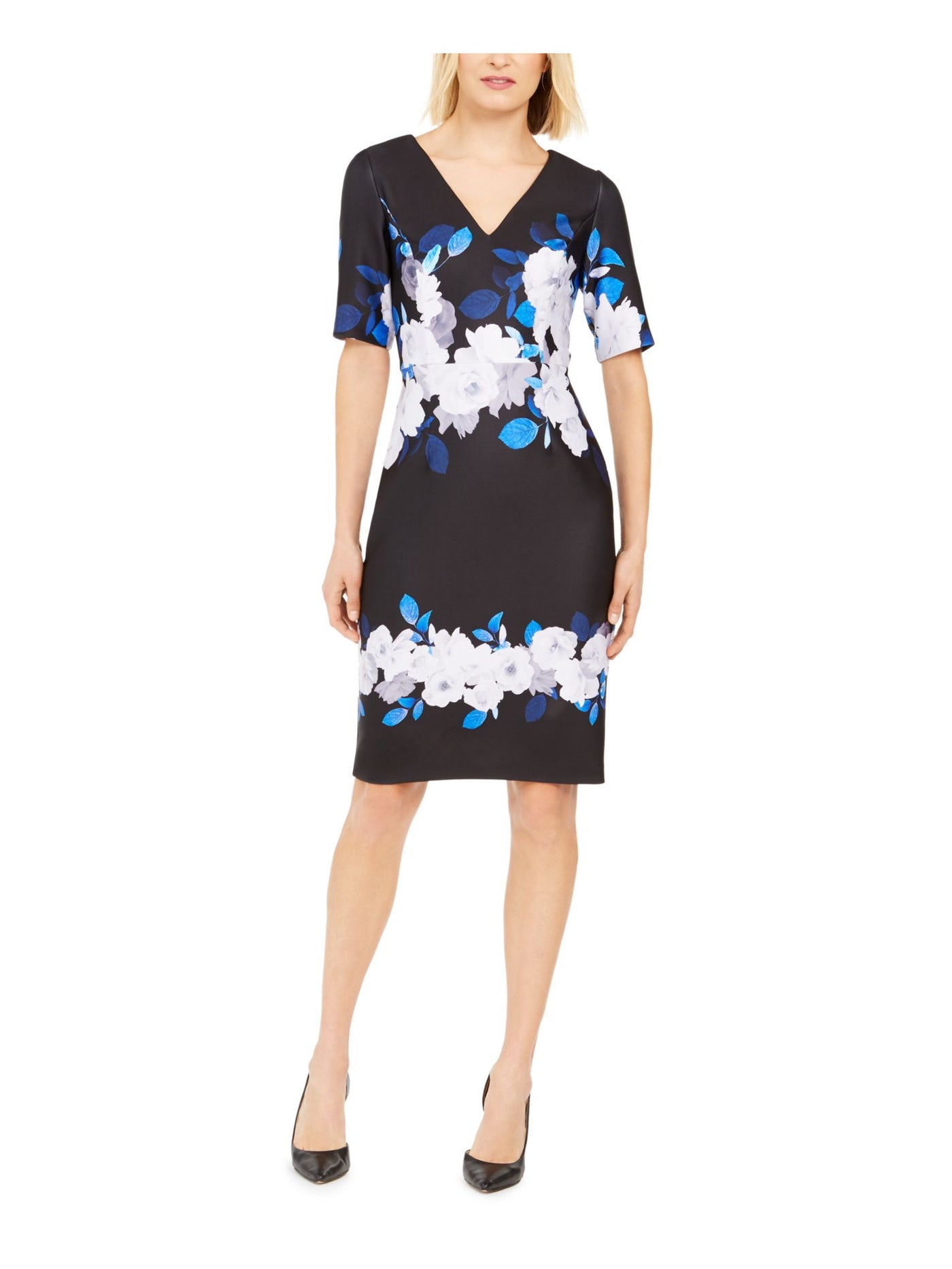 ADRIANNA PAPELL Womens Blue Floral Short Sleeve V Neck Knee Length Evening Sheath Dress 4