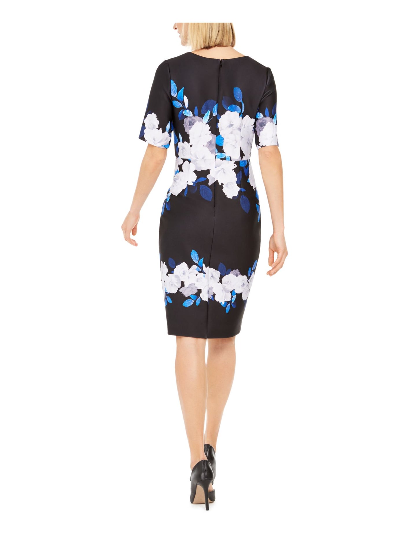 ADRIANNA PAPELL Womens Blue Floral Short Sleeve V Neck Knee Length Evening Sheath Dress 4