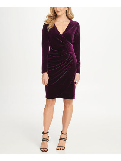 DKNY Womens Purple Ruched Long Sleeve V Neck Above The Knee Evening Sheath Dress 8