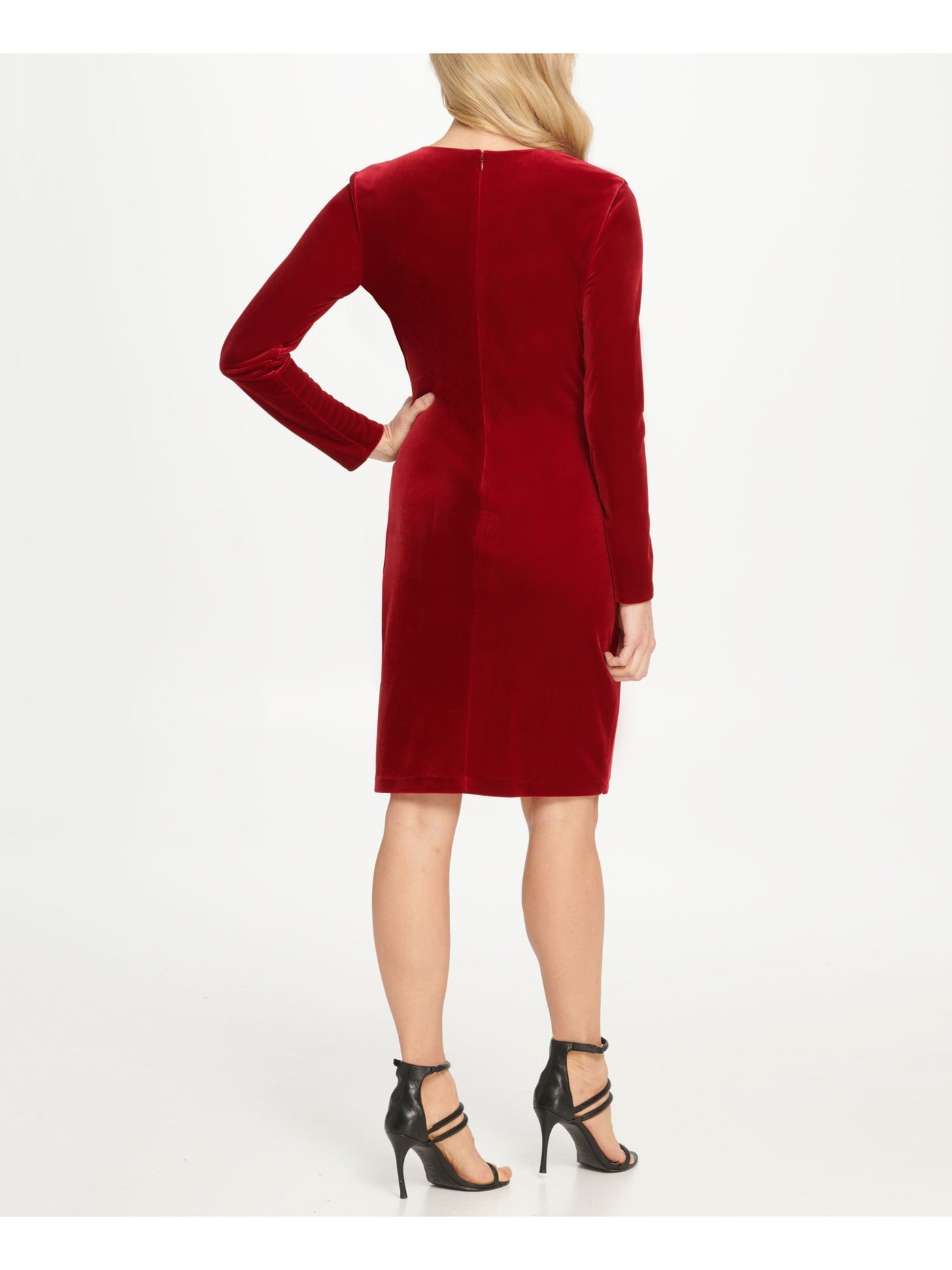 DKNY Womens Red Ruched Long Sleeve V Neck Knee Length Cocktail Sheath Dress 6