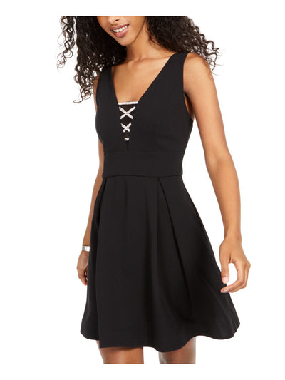 TEEZE ME Womens Black Embellished Sleeveless V Neck Above The Knee Fit + Flare Dress Juniors 7\8
