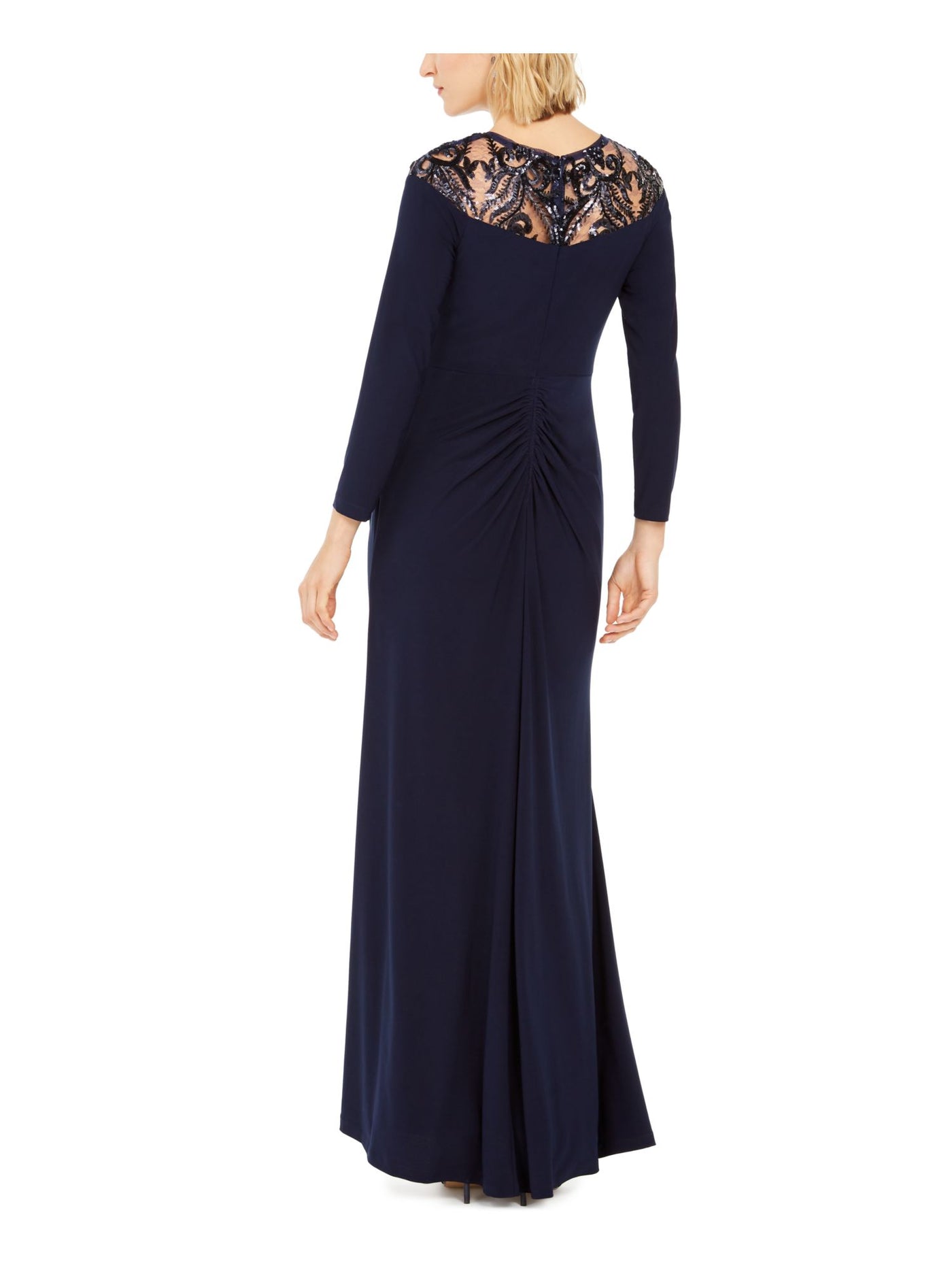 ADRIANNA PAPELL Womens Navy Lace Illusion 3/4 Sleeve Crew Neck Maxi Formal Fit + Flare Dress 6