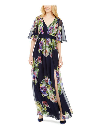 ADRIANNA PAPELL Womens Navy Floral Short Sleeve V Neck Maxi Shift Dress 2