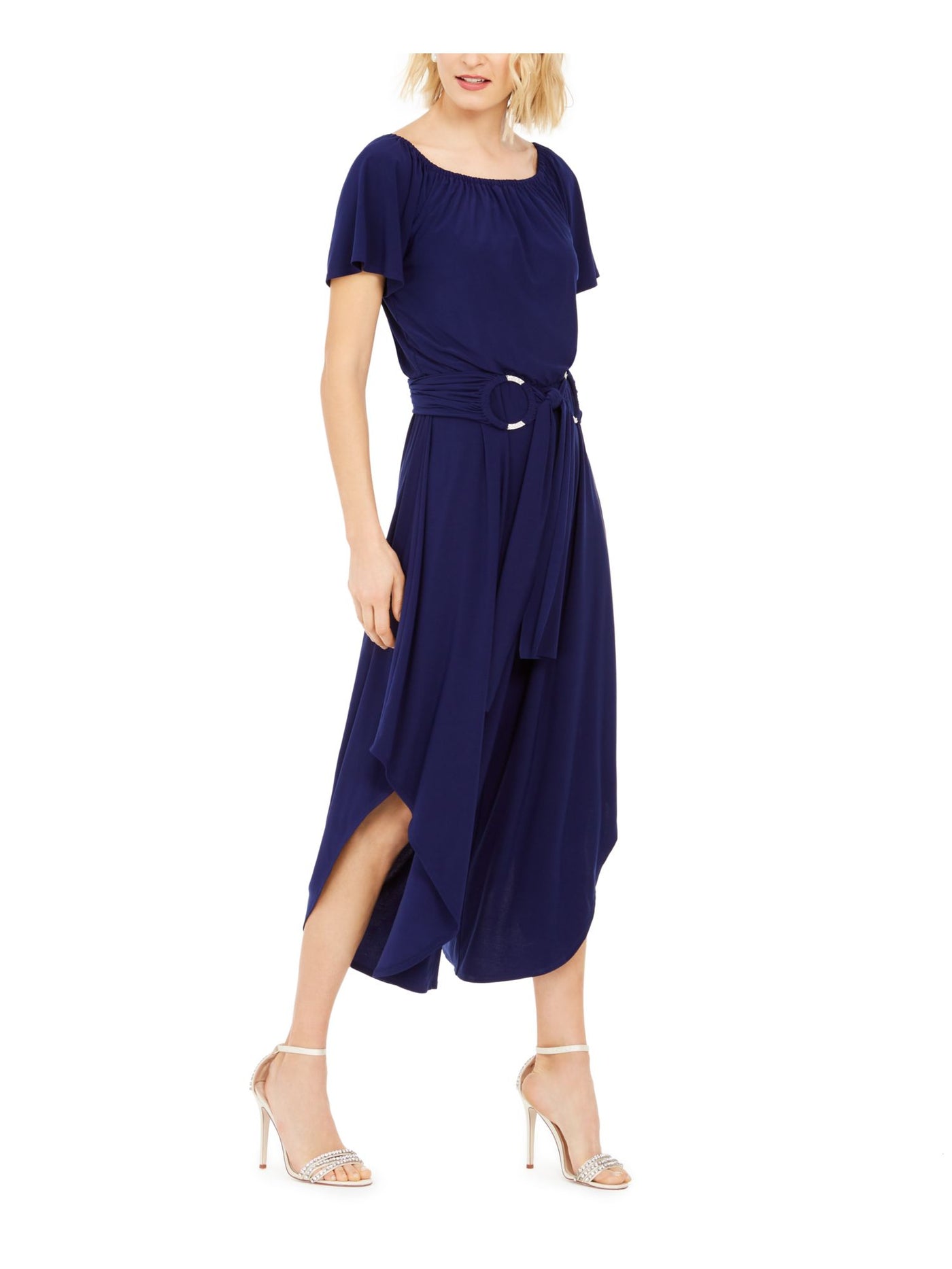 MSK Womens Navy Belted Off Shoulder Evening Cropped Jumpsuit XL