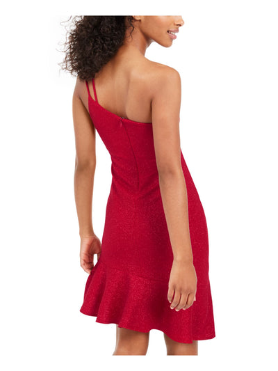 JUMP Womens Red Glitter Scuba Spaghetti Strap Asymmetrical Neckline Short Cocktail Dress Juniors XXS