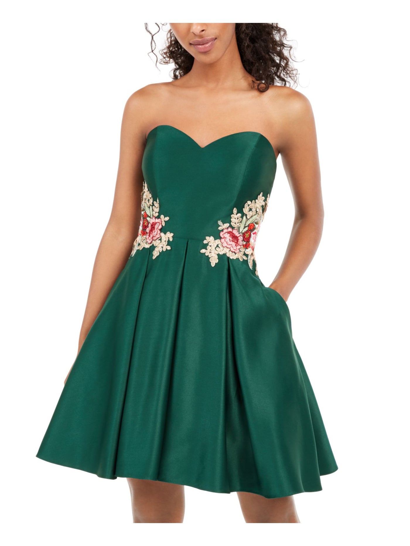 BLONDIE Womens Green Embellished Floral Sweetheart Neckline Above The Knee Party Fit + Flare Dress Juniors 9