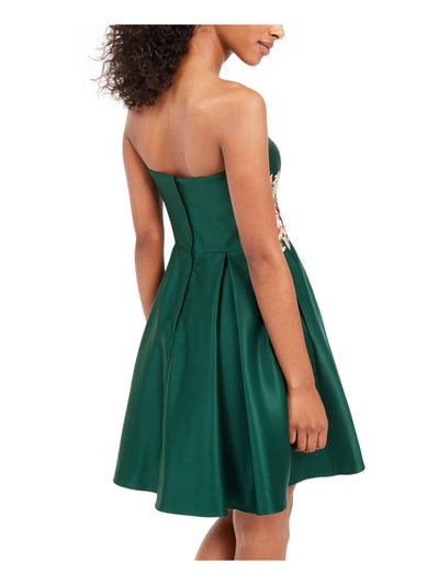 BLONDIE Womens Green Embellished Floral Sweetheart Neckline Above The Knee Party Fit + Flare Dress Juniors 5
