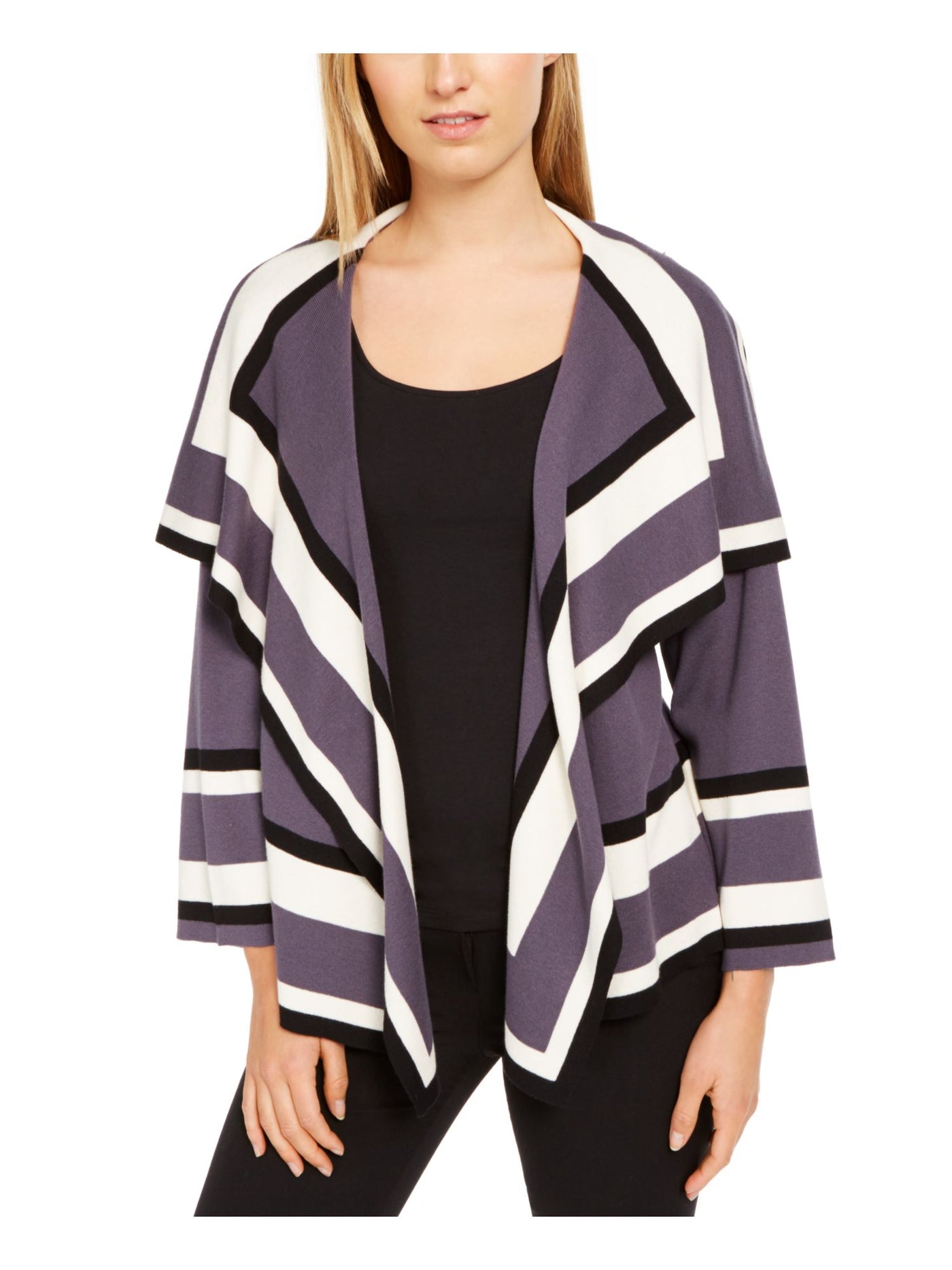 ANNE KLEIN Womens Gray Striped Long Sleeve Open Cardigan Sweater XXS/ XS